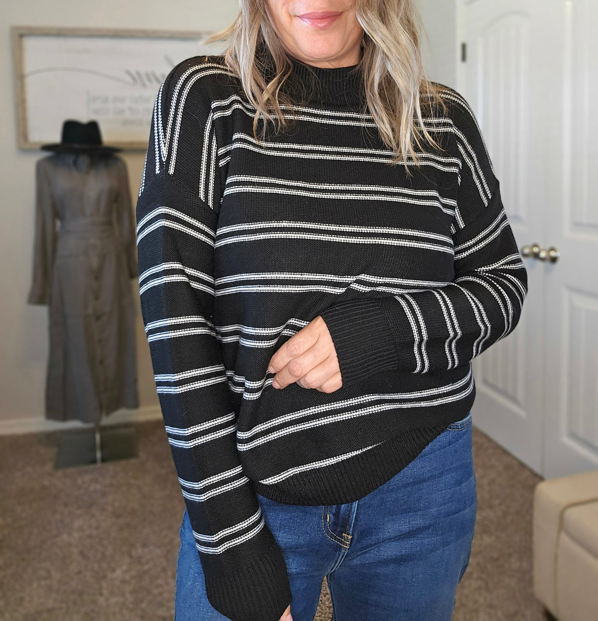 Black mocked stripe sweater