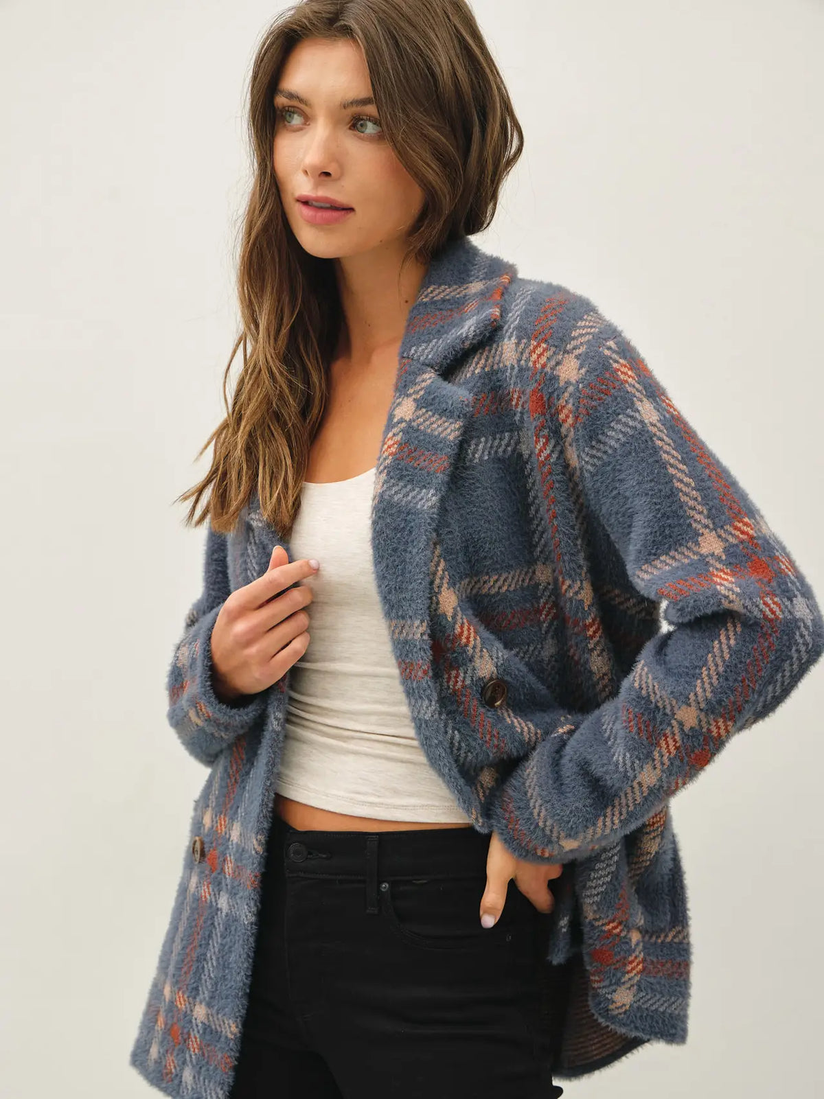 Fuzzy plaid open jacket
