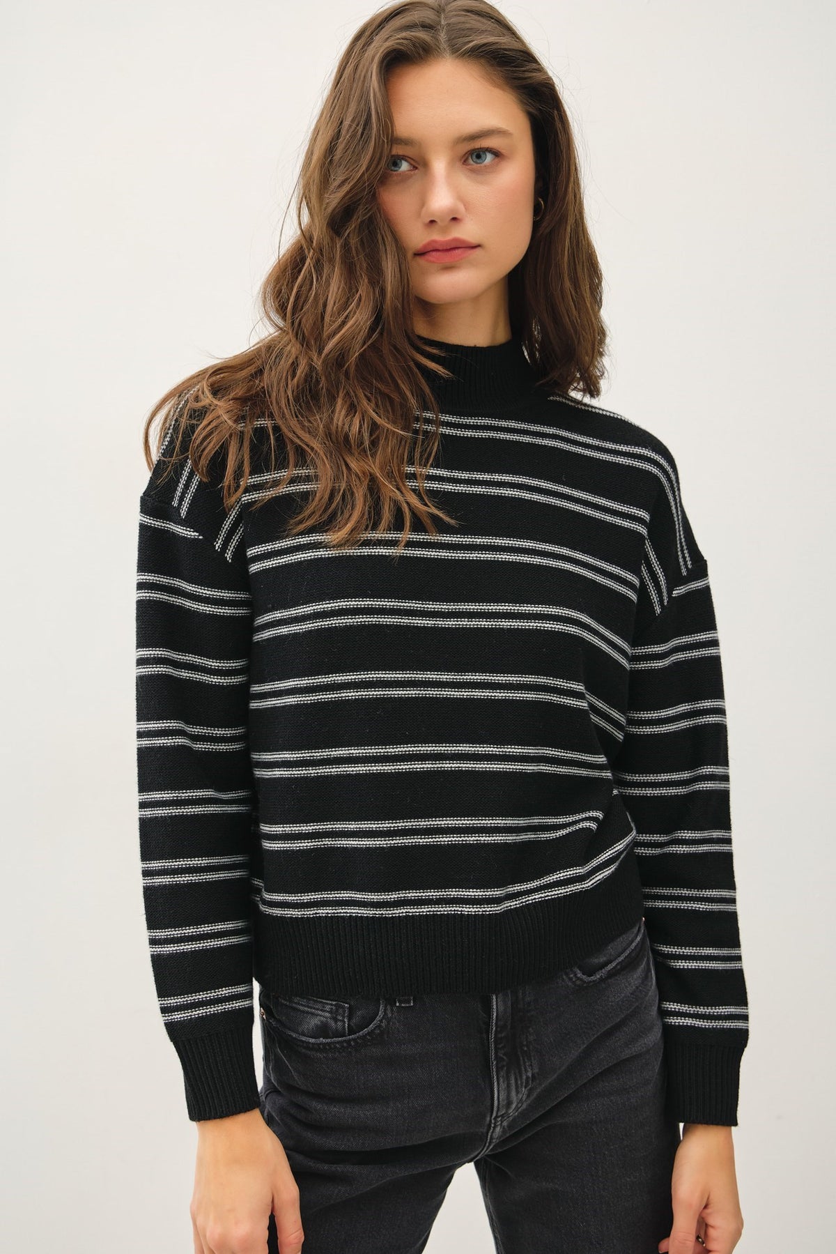 Black mocked stripe sweater