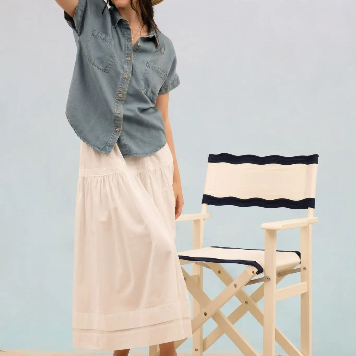 Button Down Extended Shoulder Chambray Top